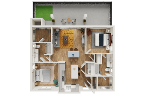 Floor plan for 2 beds, 2 baths, 1083 sqft
